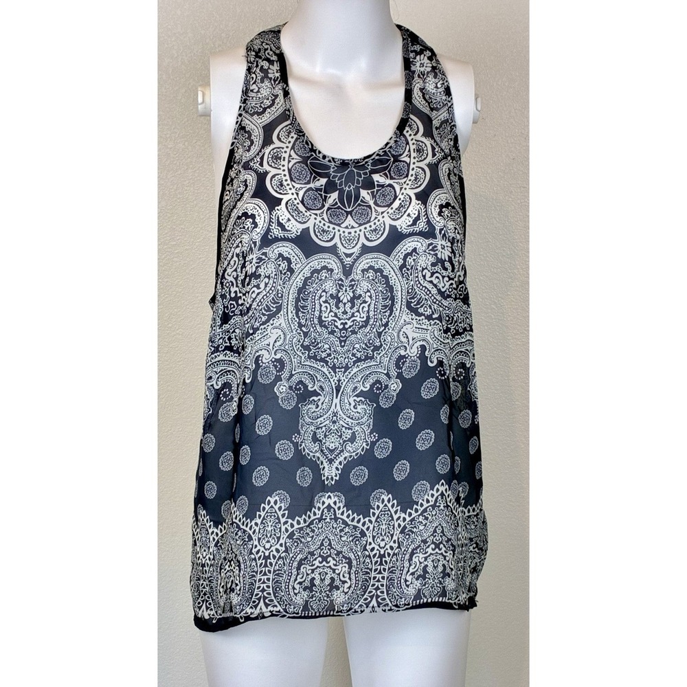 Anthropologie Elodie Boho Paisley Sheer Tank Top M Navy White Flowy Gypsy Chic‎